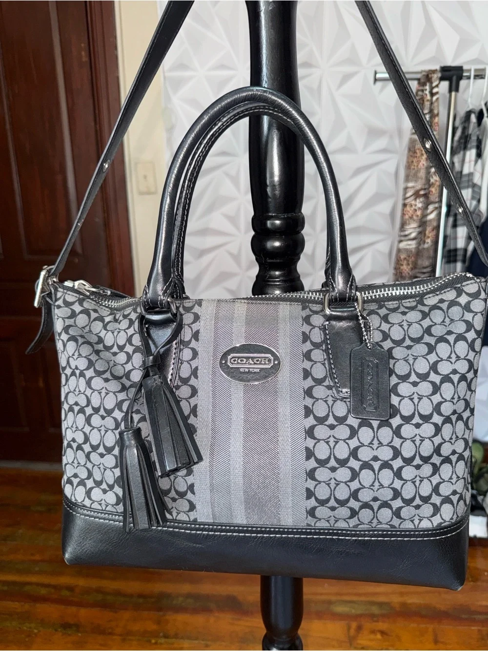 Coach Black & Gray Signature Stripe Satchel Shoulder Bag